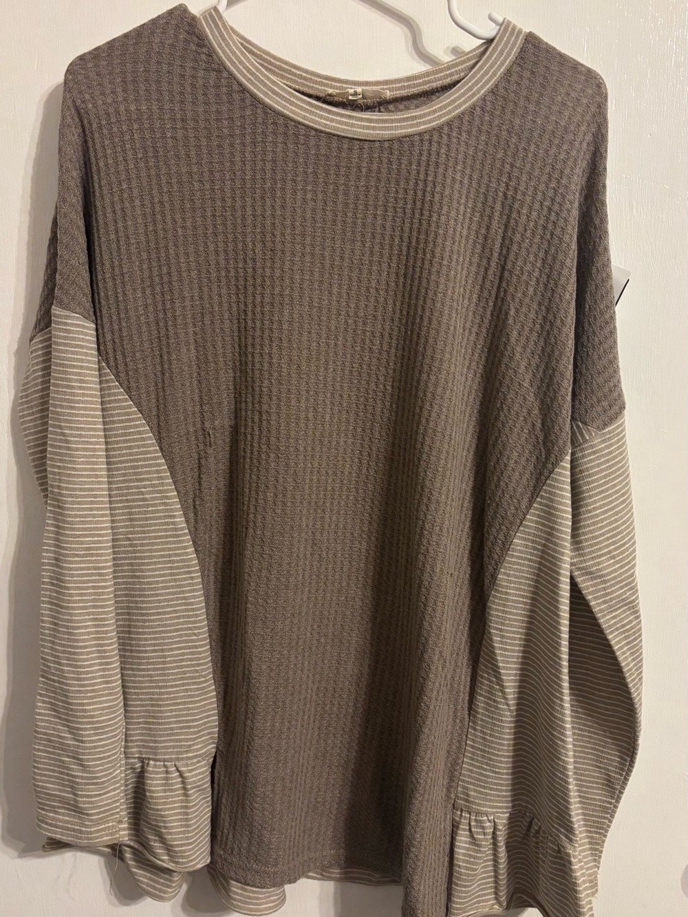 easel Women's Taupe Top with Cream Striped Sleeves